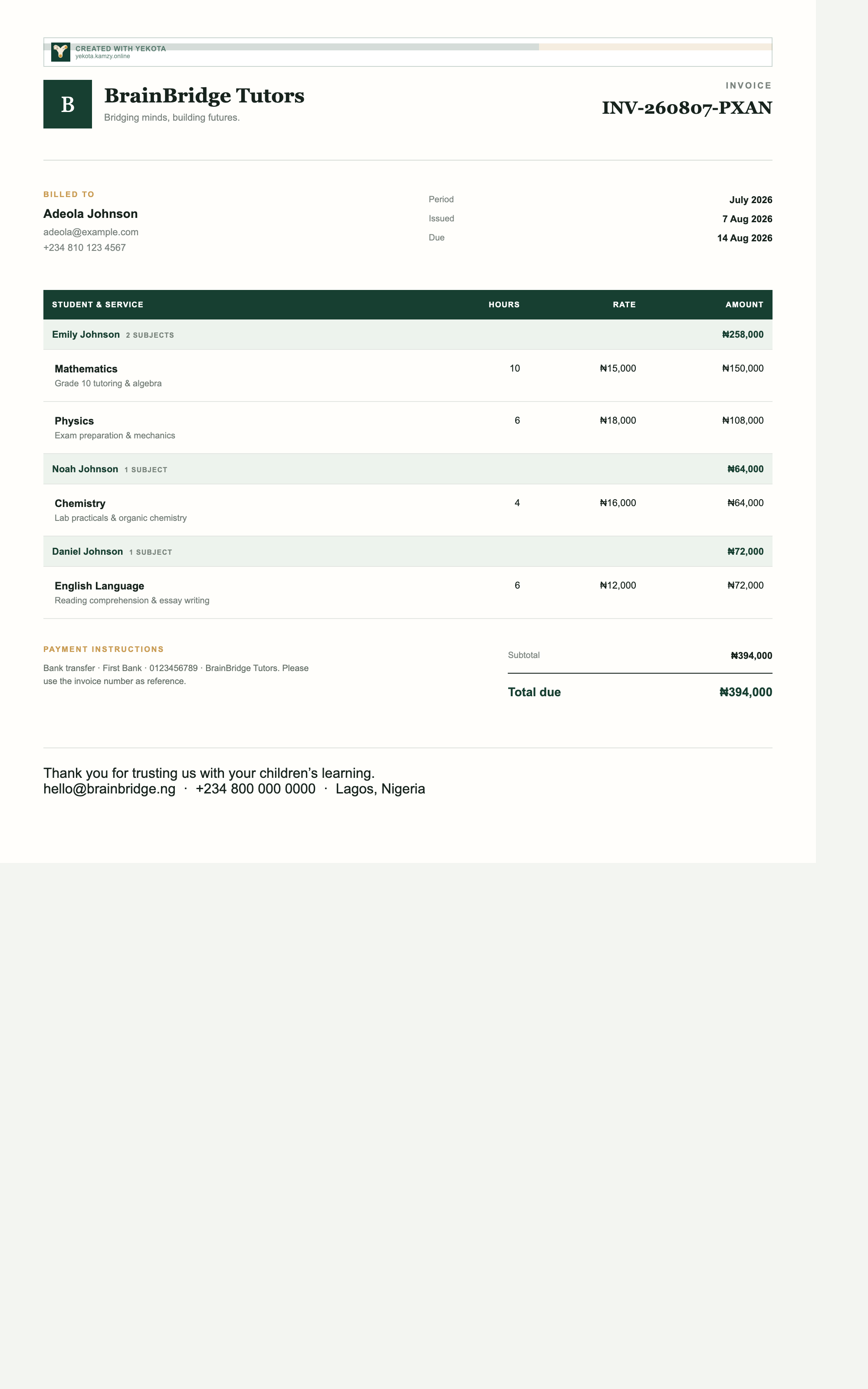 A Yekota invoice for tutoring services with itemised naira totals