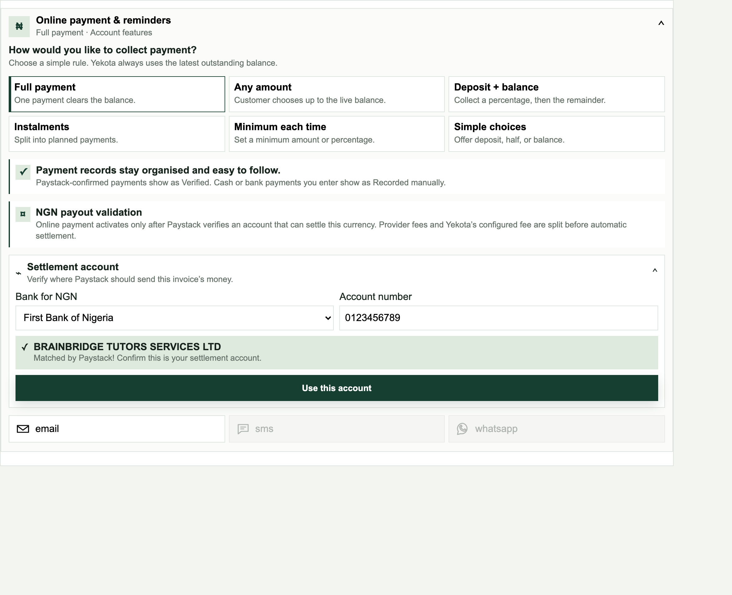 Yekota payment settings with collection rules and a verified naira settlement account