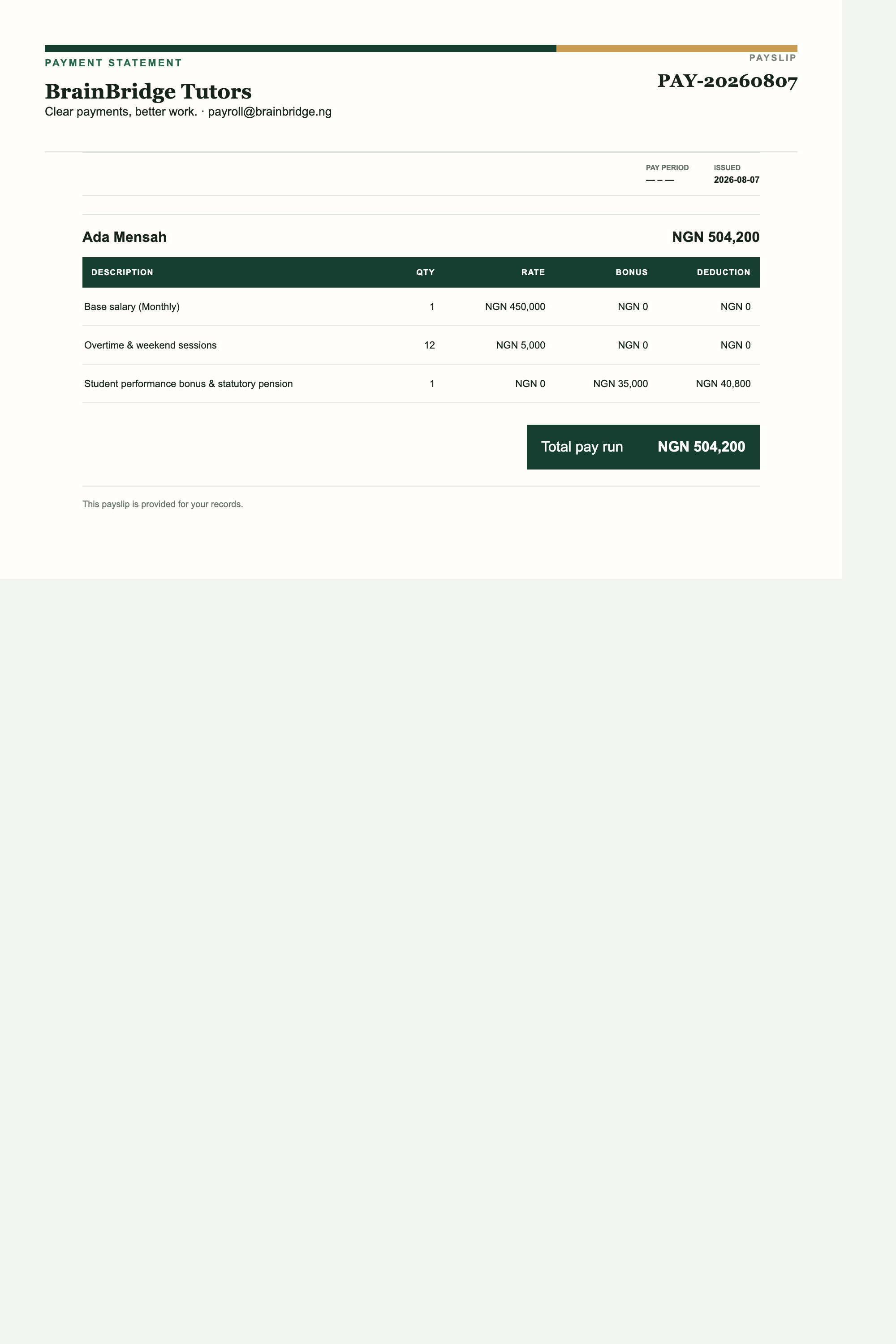 A Yekota payslip with earnings, a bonus, a deduction and a naira total